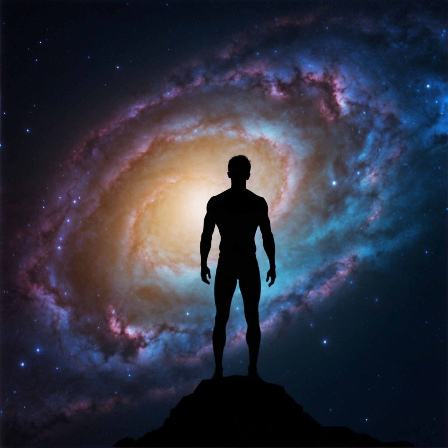 Podcast Cover: Die menschliche Existenz; schwarze menschliche Silhouette vor einer Spiralgalaxie BLANK