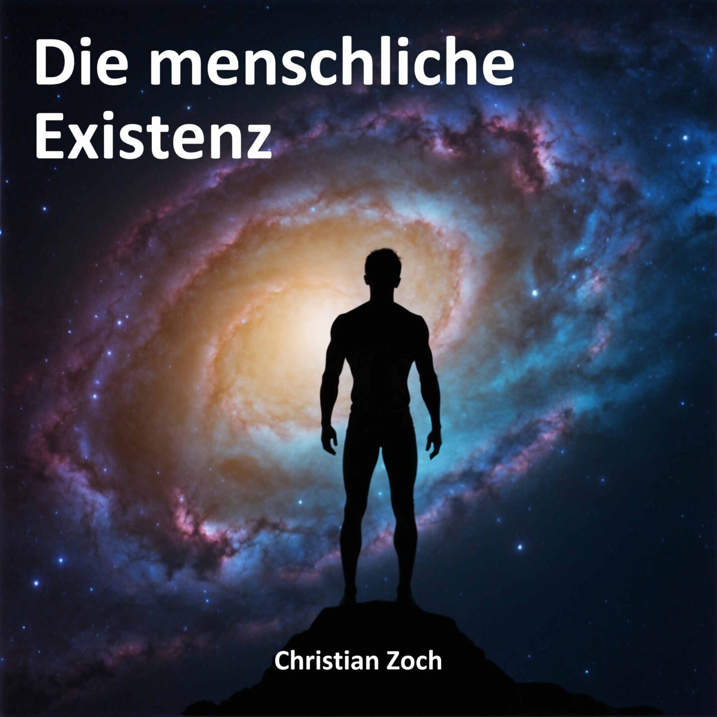 Podcast Cover: Die menschliche Existenz; schwarze menschliche Silhouette vor einer Spiralgalaxie