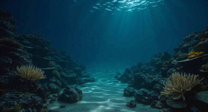 Korallenriff die Sonne scheint von oben in das Wasser