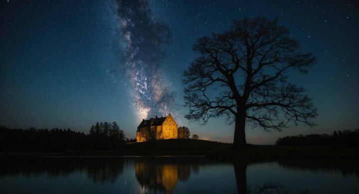 Haus am See mit Sternenhimmel im Hintergrund